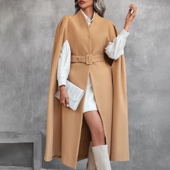 Contemporary Chic Tan Belted Long Cape Overcoat Jacket - Picture 6 of 7